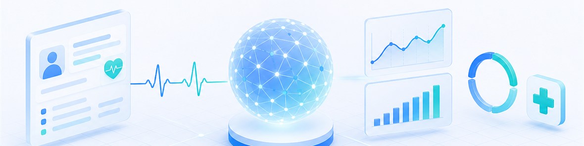 医疗数据流转示意：病案数据经 AI 模型分析后形成指标洞察与医保结算依据
